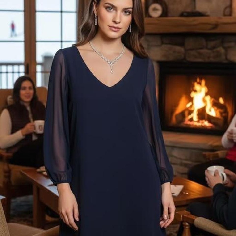 Lulu's Navy Blue Dress with open shoulder sheer sleeves S